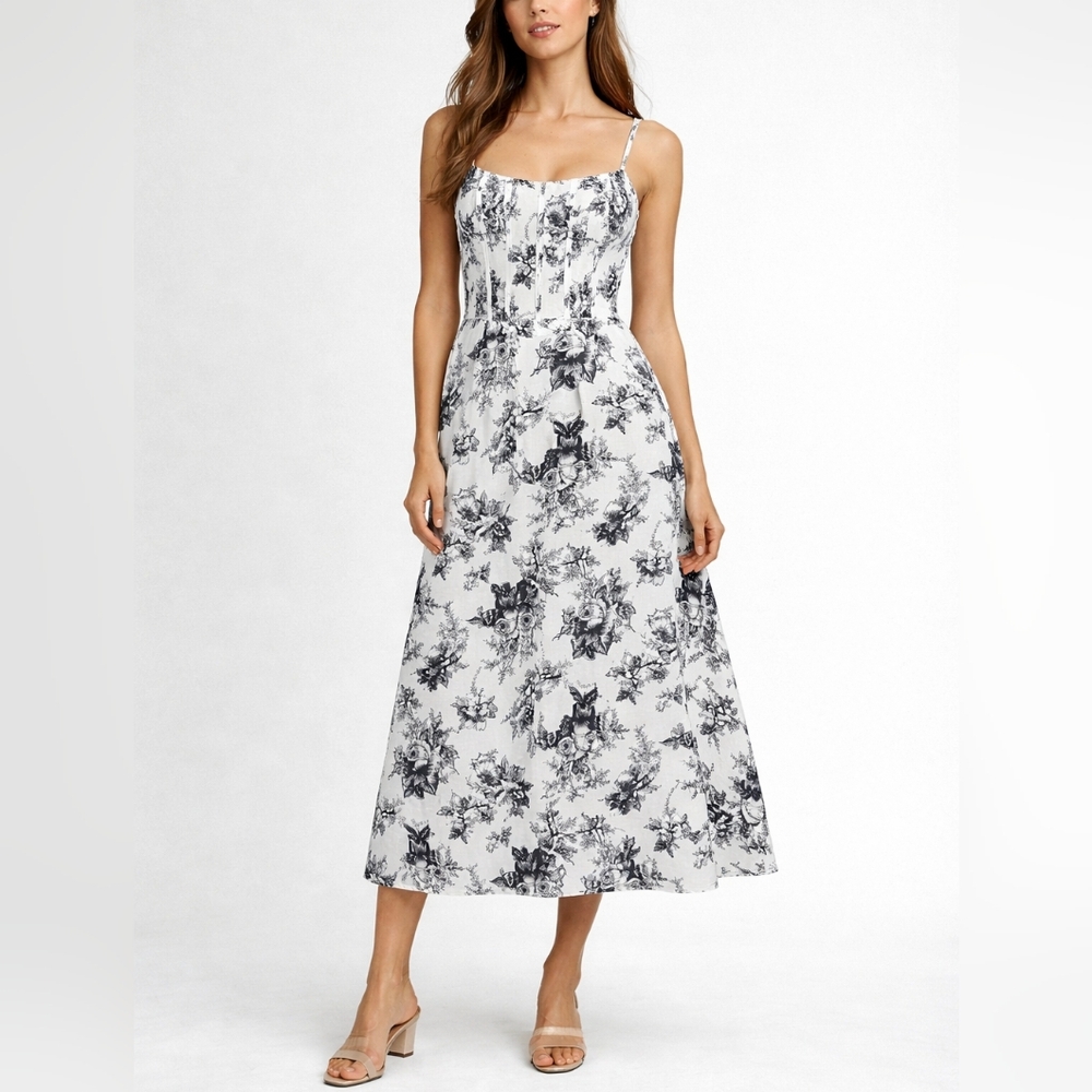 WAYF Linen Blend Bustier Midi Dress Ivory Black Floral Corset Top S
